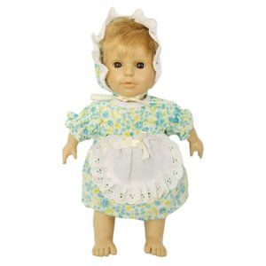 Berenguer Baby Doll 9" Bonnet Apron Blue Flowers Blonde Hair Brown Eyes JC Toys